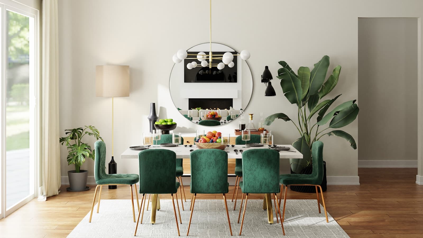 Dining table surrounded by upholstered chairs in a warm dining room