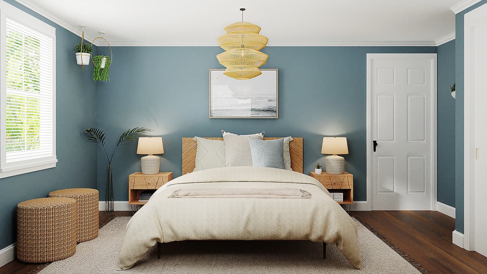Upholstered wingback bed with side tables and lamps in a blue bedroom