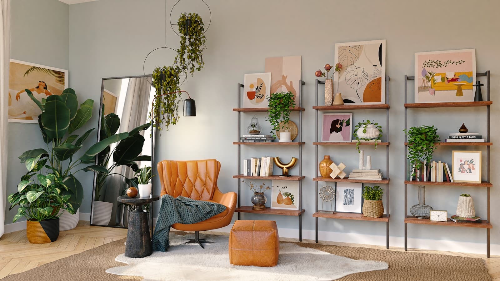 Tan leather lounge recliner chair beside a styled shelving unit