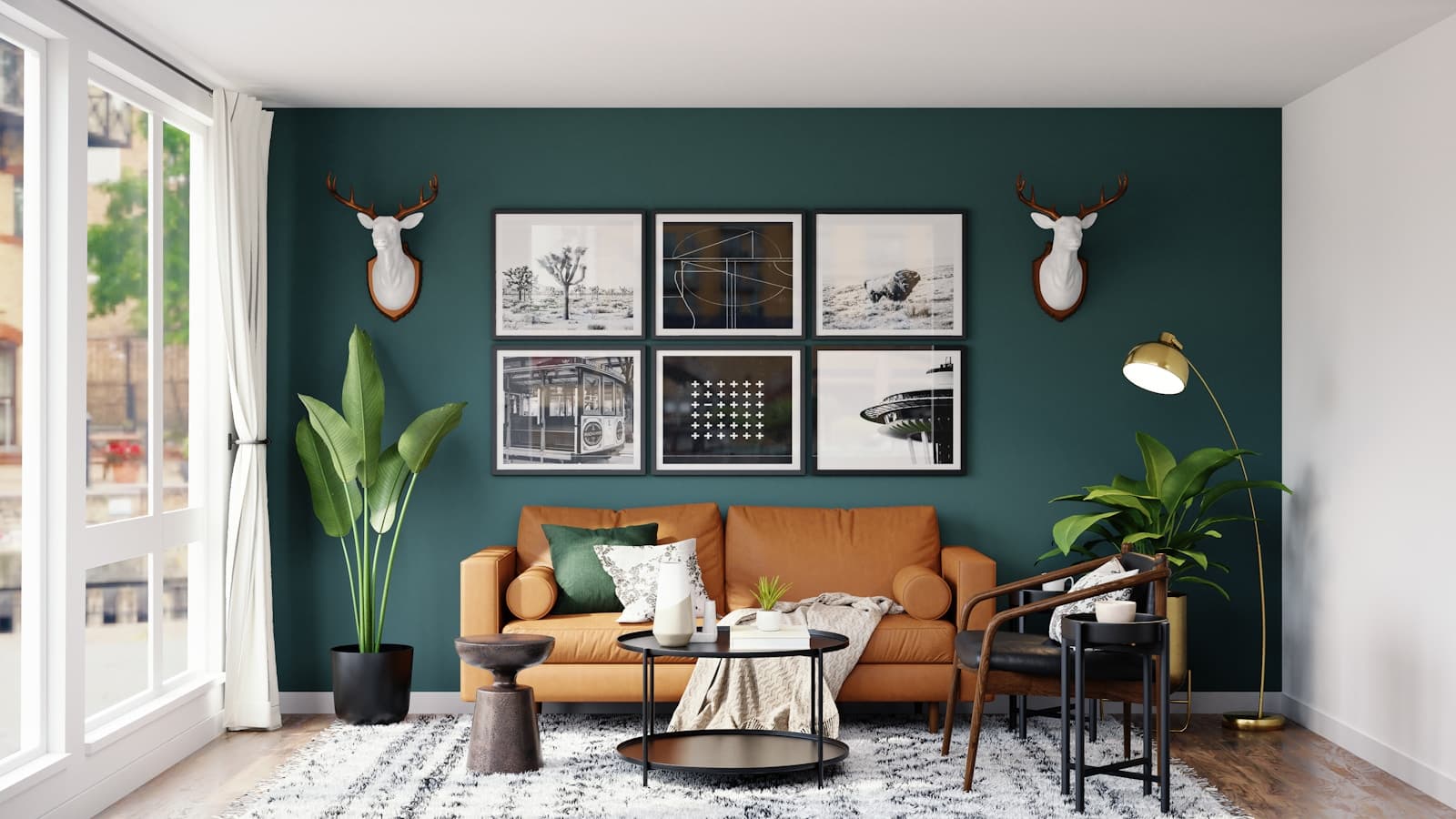 Tan leather sofa styled beneath a gallery wall in a living room
