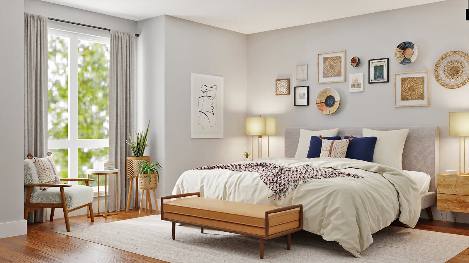 Mid century wooden platform bed with white bedding in a bright bedroom