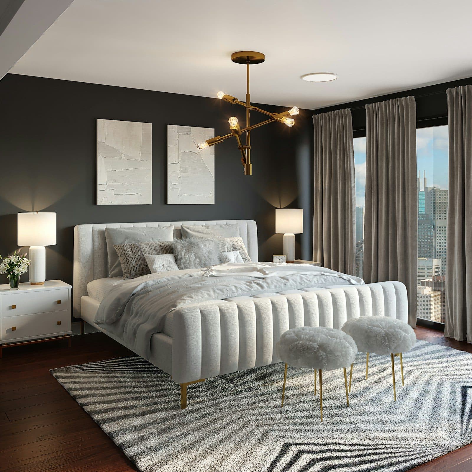 King size bed with a tall channel tufted upholstered headboard